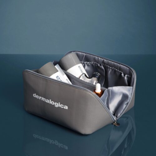 dermalogica branded grey faux leather look travel bag skincareme uk